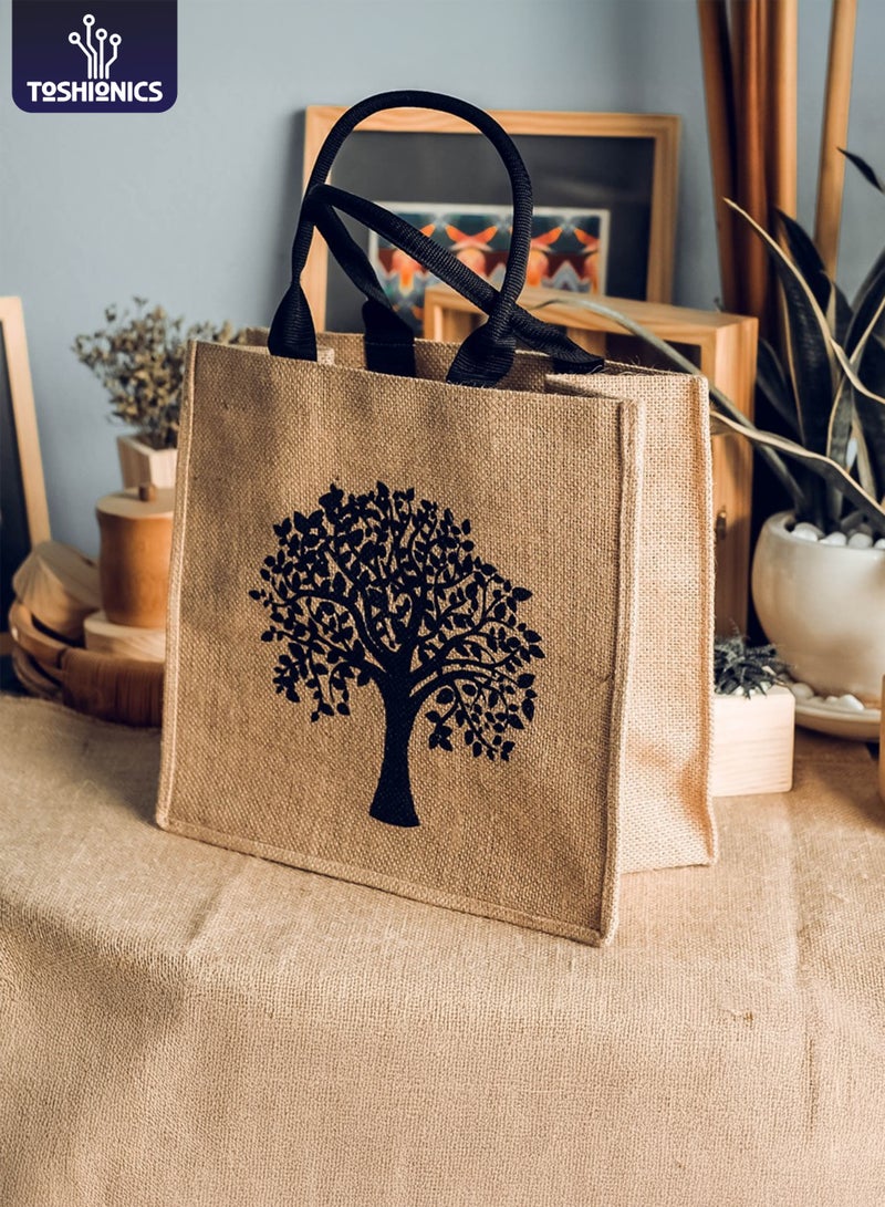 توشيونيكس حقيبة تسوق من الجوت صديقة للبيئة (34×31×12 سم) - حقيبة تسوق وحمل غداء قابلة لإعادة الاستخدام بمقابض متينة، حقيبة هدايا كبيرة من الخيش الطبيعي، حقيبة يد يومية للمكتب والبقالة بنقشة شجرة - Image 1